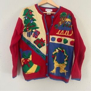 Alexandra Bartlett Red Blue Holiday Cardigan Ugly Christmas Sweater Vintage